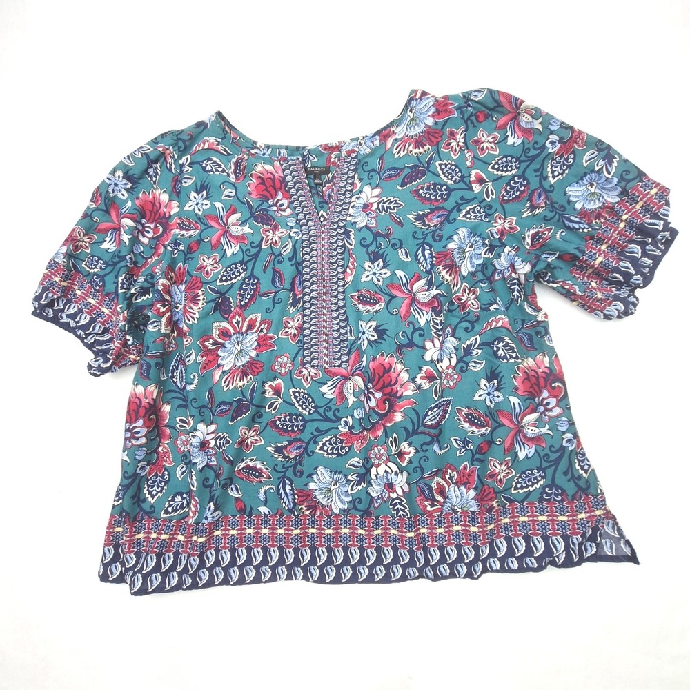 Talbots Blouse Womens 2X Teal Floral Paisley Cotton Short Sleeve Split Neck
